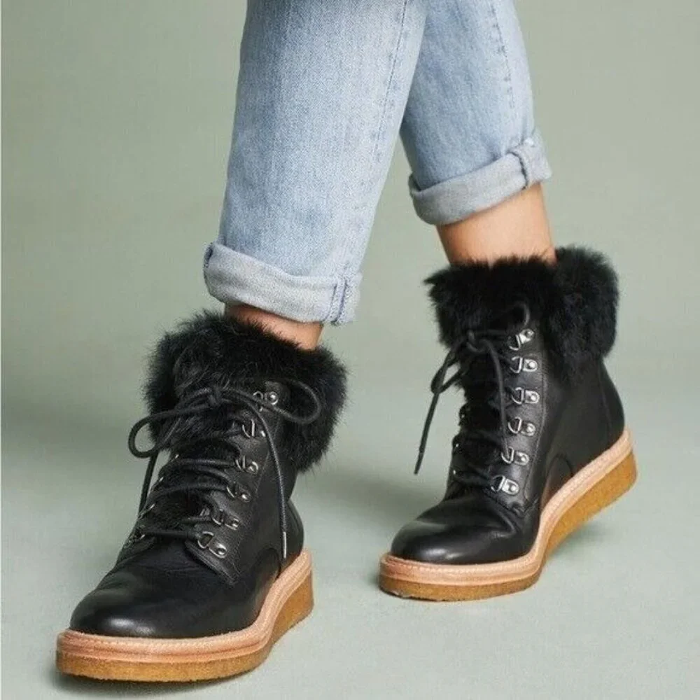 BOTKIER Winter Hiking Boots Faux Fur Collar Black Leather